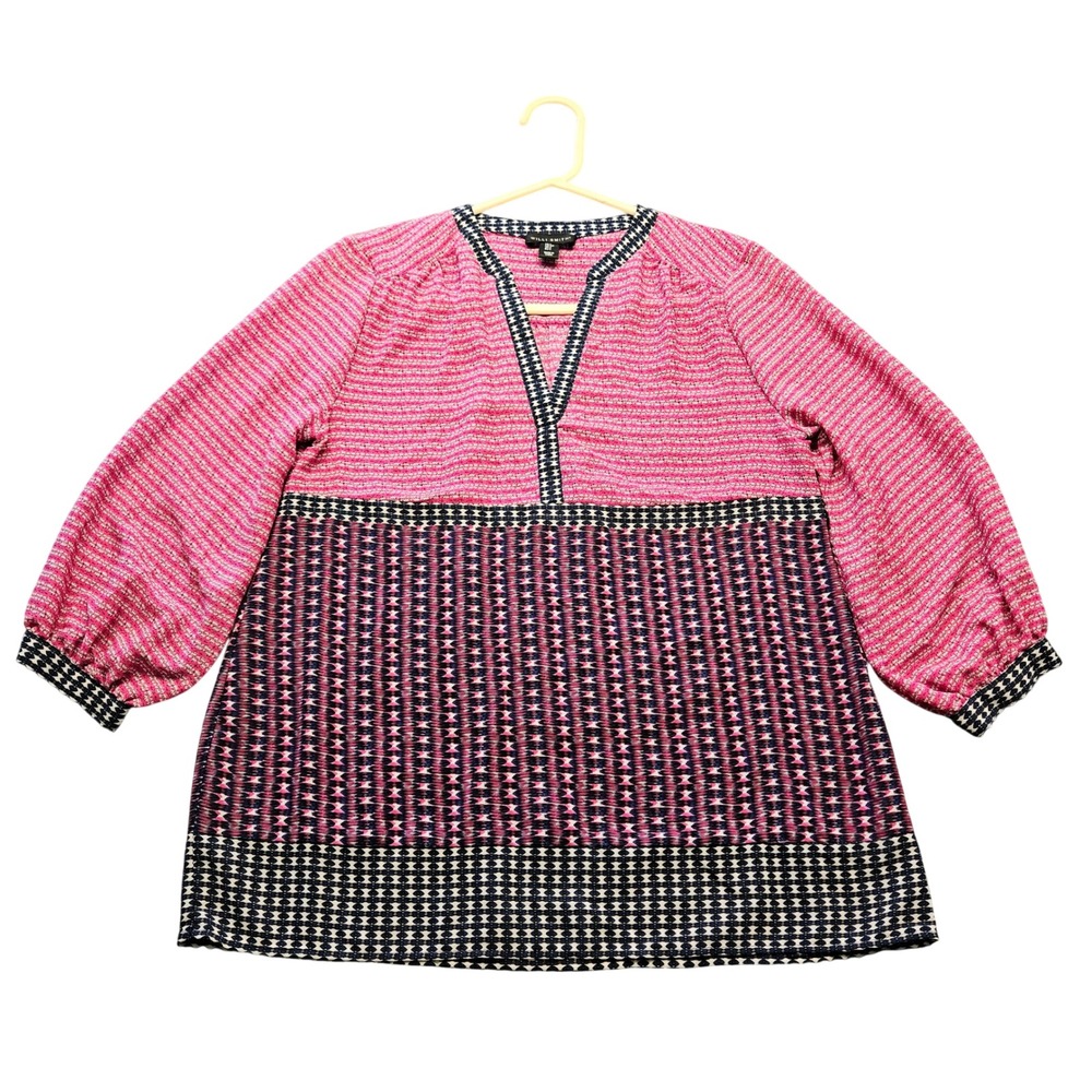 Willi Smith Pink Navy Geometric Print Split V-Neck Tunic Blouse Small